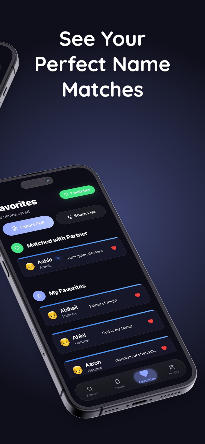 NameNest's Favorites screen under the headline See your perfect name matches: a Matched with Partner section containing Aabid, meaning worshipper or devotee, above My Favorites listing Abihail, Abiel and Aaron with their meanings, plus Export PDF and Share List buttons.