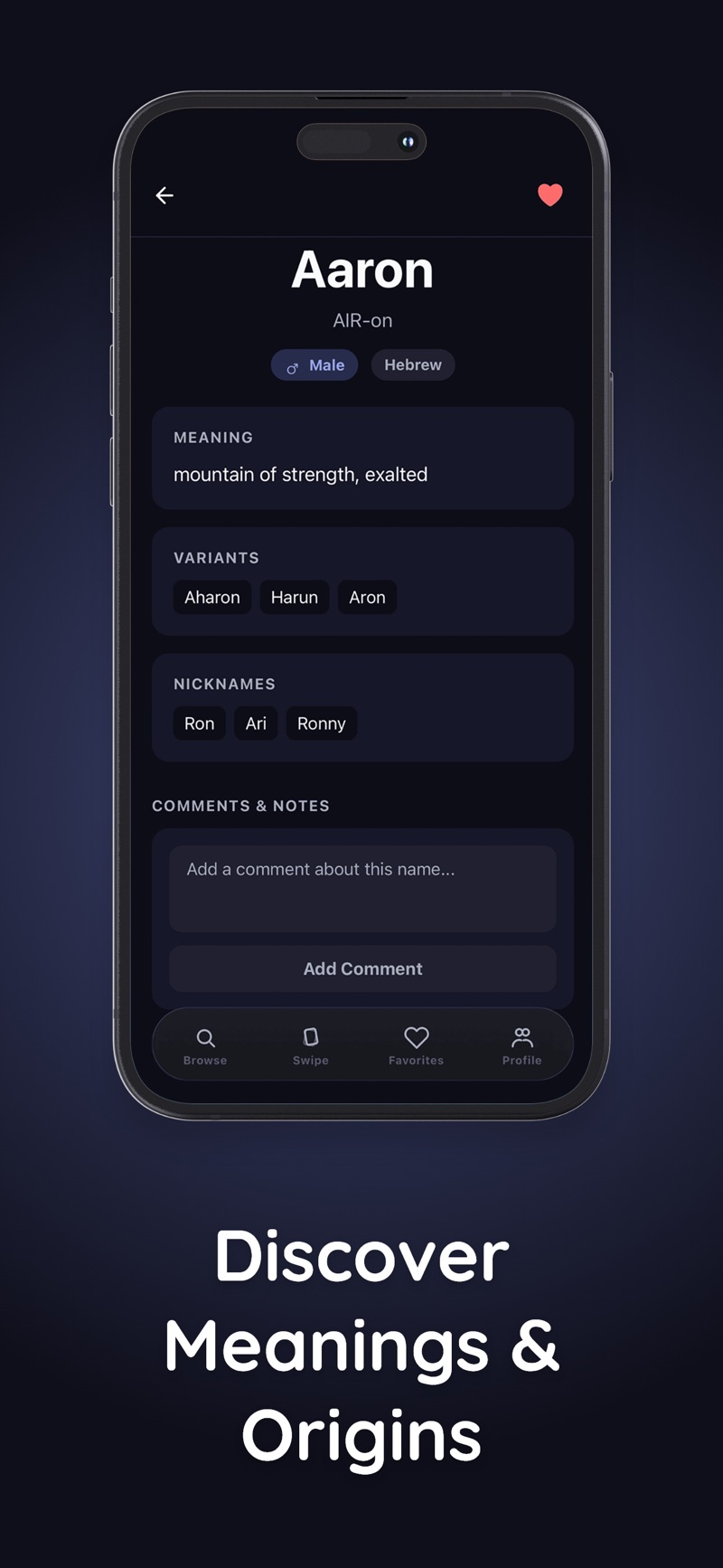 NameNest's name detail page for Aaron under the headline Discover meanings and origins: the pronunciation AIR-on, tags for Male and Hebrew, the meaning mountain of strength, exalted, variants Aharon, Harun and Aron, nicknames Ron, Ari and Ronny, and a comments and notes box.