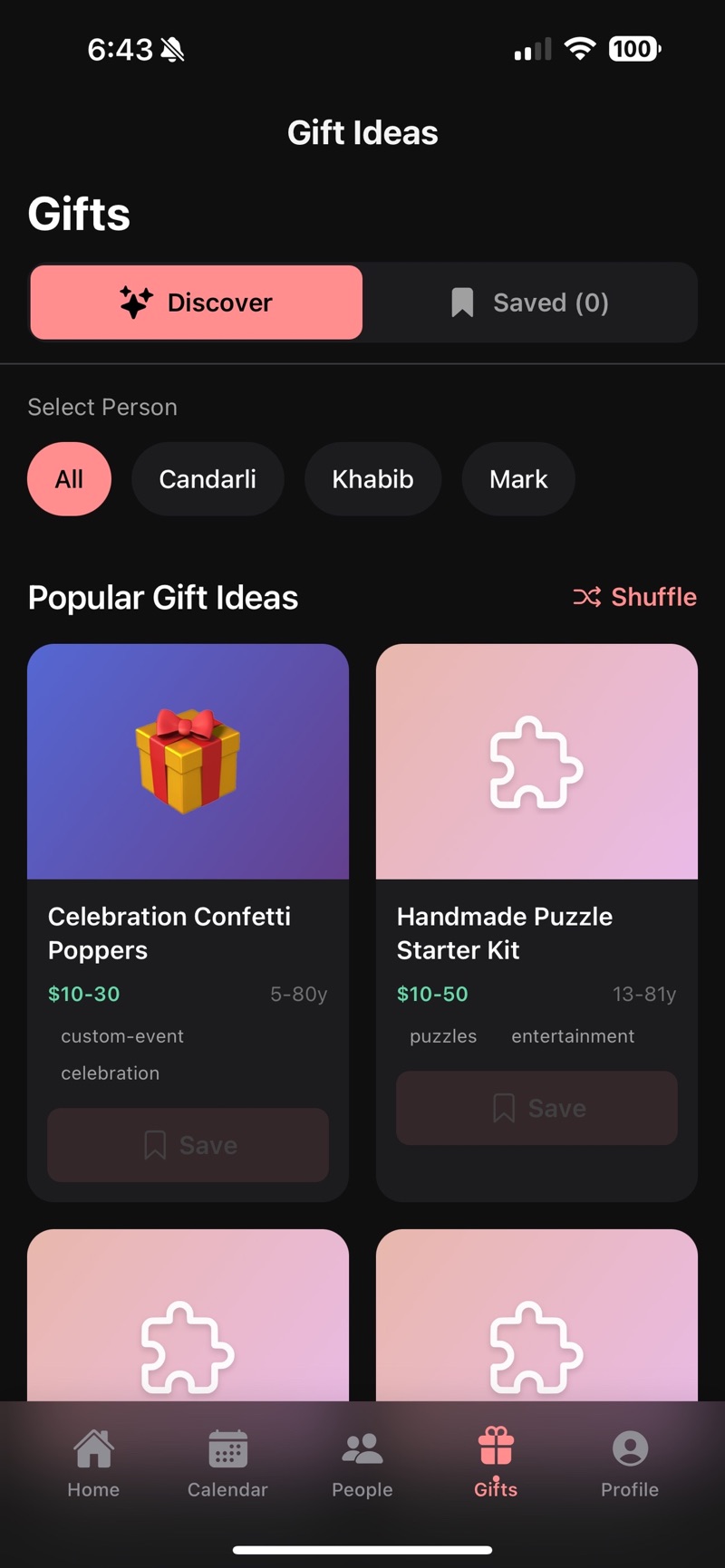 KinMinder's Gift Ideas tab on the Discover pane with person filters for Candarli, Khabib and Mark, a Shuffle control, and popular gift cards such as Celebration Confetti Poppers at $10 to $30 for ages 5 to 80 and a Handmade Puzzle Starter Kit at $10 to $50, each with a Save button.