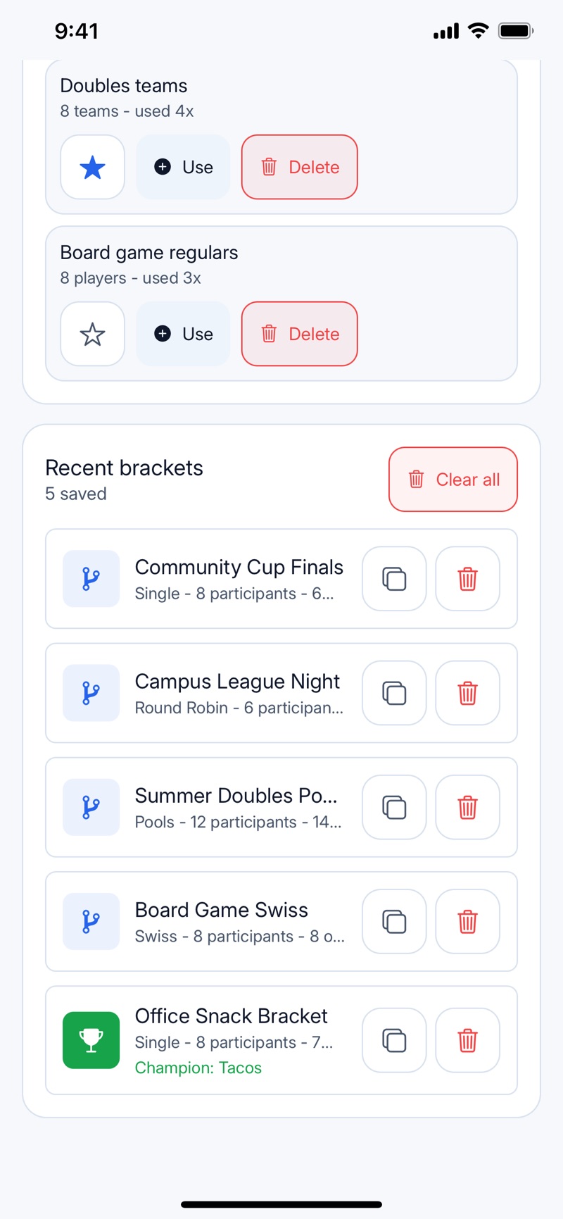 Roundra's saved tournament library: reusable roster presets named Doubles teams and Board game regulars, plus five recent brackets including Community Cup Finals, Campus League Night, and Office Snack Bracket with champion Tacos.