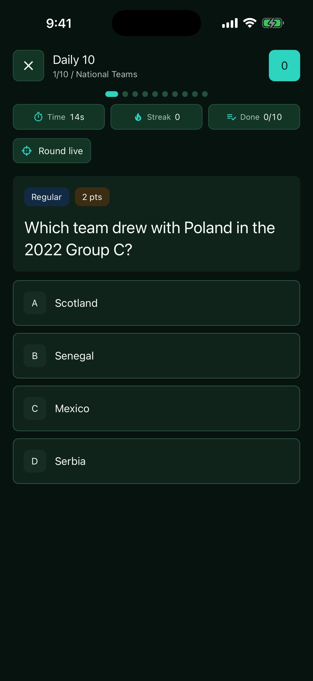 A PitchLore Daily 10 question reading Which team drew with Poland in the 2022 Group C, with four answer options — Scotland, Senegal, Mexico and Serbia — and a live round timer showing 14 seconds.
