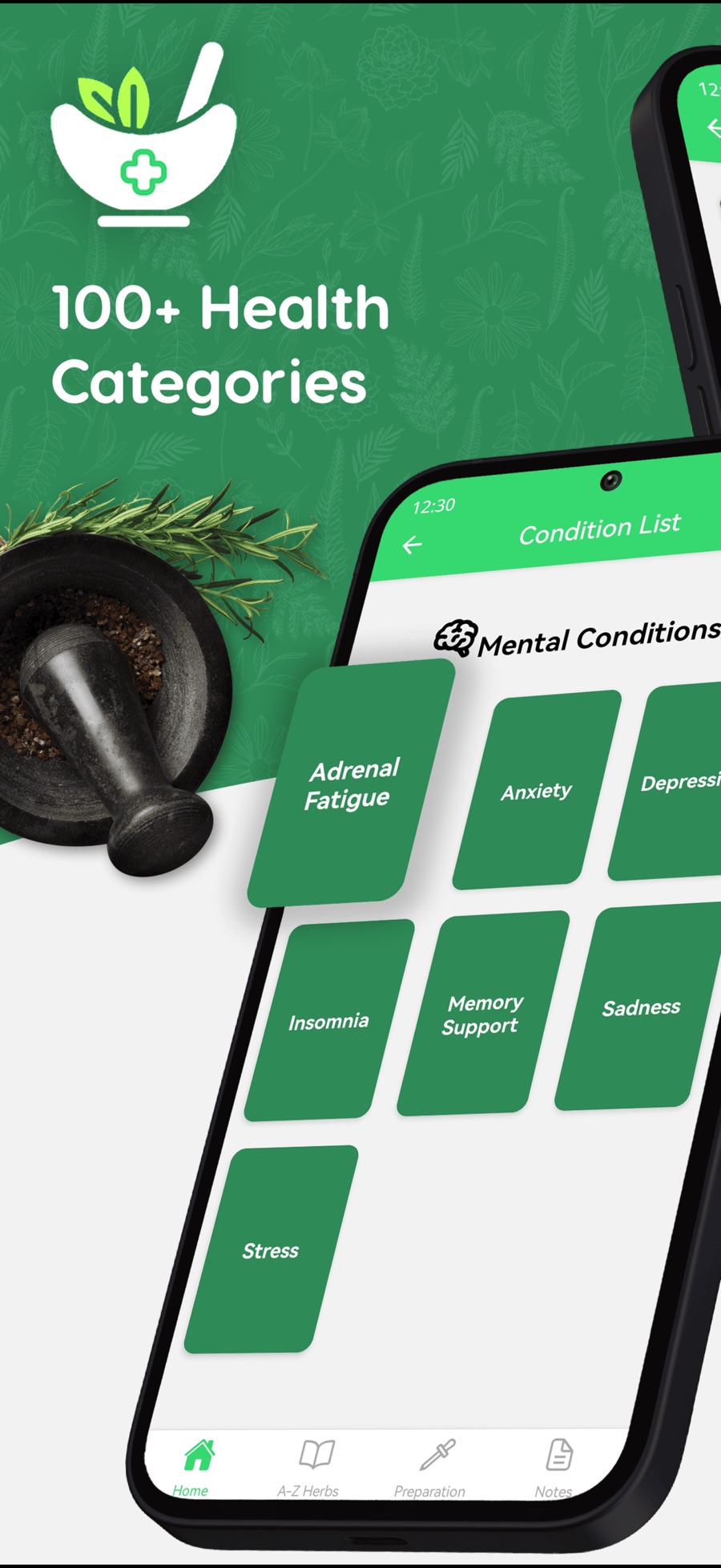A condition list under Mental Conditions, with green tiles for Adrenal Fatigue, Anxiety, Depression, Insomnia, Memory Support, Sadness and Stress.
