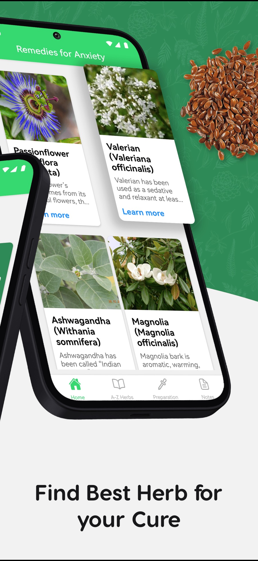 A Remedies for Anxiety results screen listing Passionflower, Valerian, Ashwagandha and Magnolia, each with a photo, a short summary and a Learn more link.
