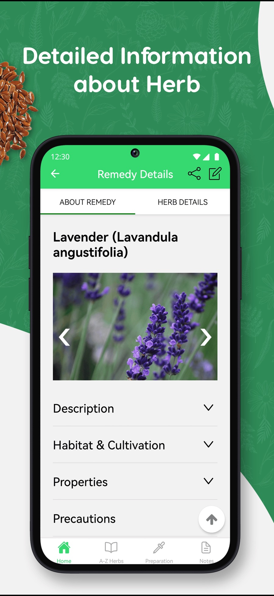 The Remedy Details page for Lavender (Lavandula angustifolia), with a photo gallery and collapsible sections for Description, Habitat & Cultivation, Properties and Precautions.