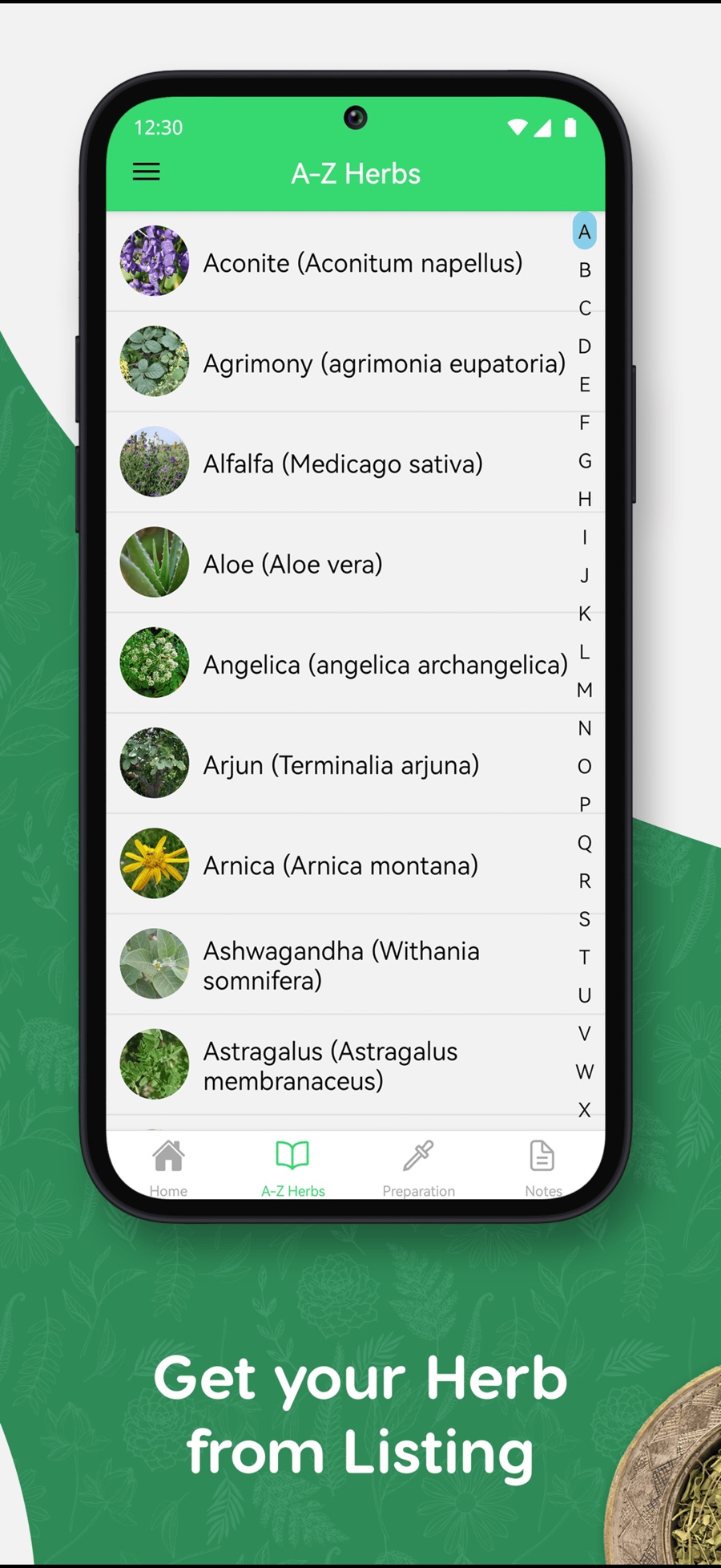 The A–Z Herbs index scrolled to the letter A, listing Aconite, Agrimony, Alfalfa, Aloe, Angelica, Arjun, Arnica, Ashwagandha and Astragalus with botanical names and thumbnails.