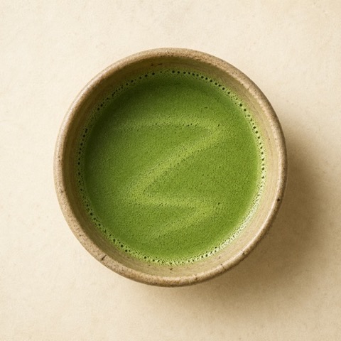 Matcha Almanac app icon: freshly whisked matcha in a cream ceramic bowl