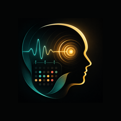 Halira app icon: a profile of a head with a pulse line, a glowing point of pain, and a calendar of colored tracking dots