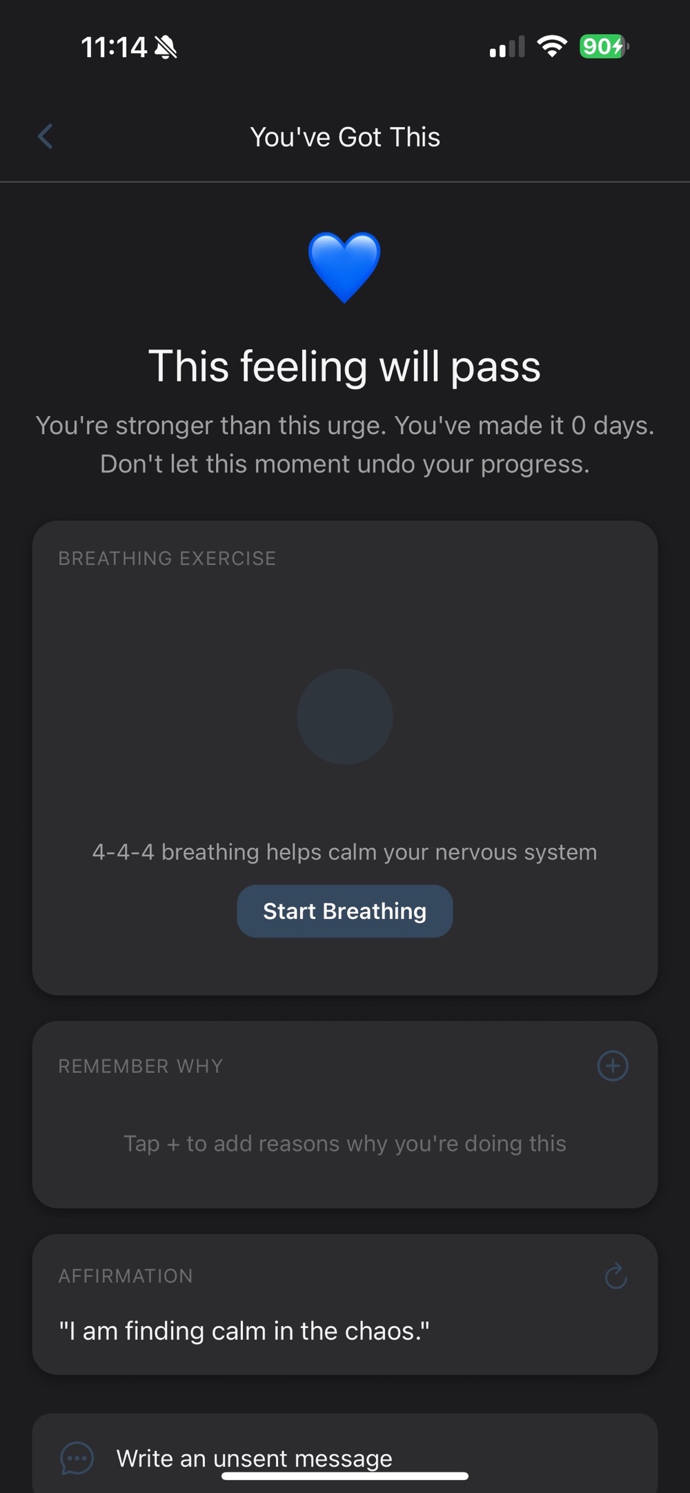The SOS screen titled You've Got This, reassuring the user that the feeling will pass, with a 4-4-4 breathing exercise and Start Breathing button, a Remember Why list to fill in, and a refreshable affirmation card.