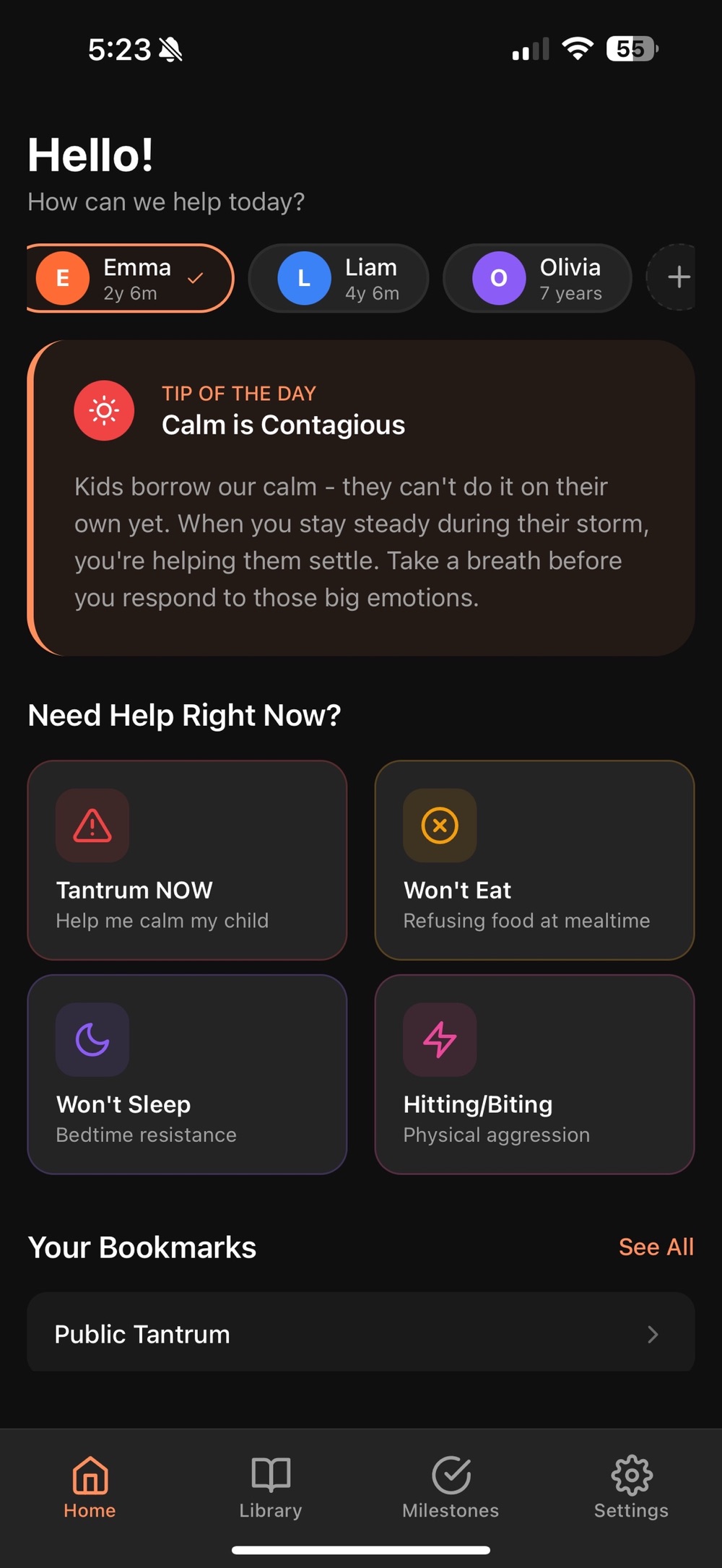 ParentPhrase home screen with child profile chips for Emma, Liam and Olivia, a Tip of the Day card titled Calm is Contagious, and a Need Help Right Now grid with tiles for Tantrum NOW, Won't Eat, Won't Sleep and Hitting or Biting.