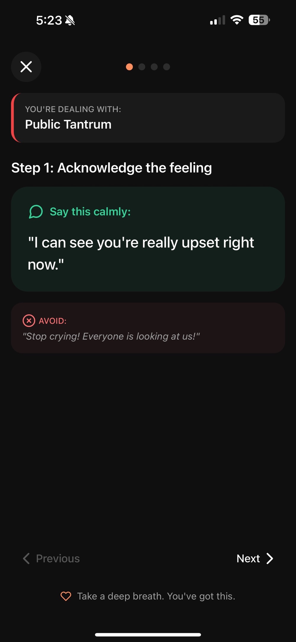 A ParentPhrase script for a public tantrum, headed Step 1 Acknowledge the feeling, with a green Say this calmly card reading I can see you're really upset right now, a red Avoid card reading Stop crying! Everyone is looking at us!, Previous and Next controls, and a footer note saying take a deep breath, you've got this.