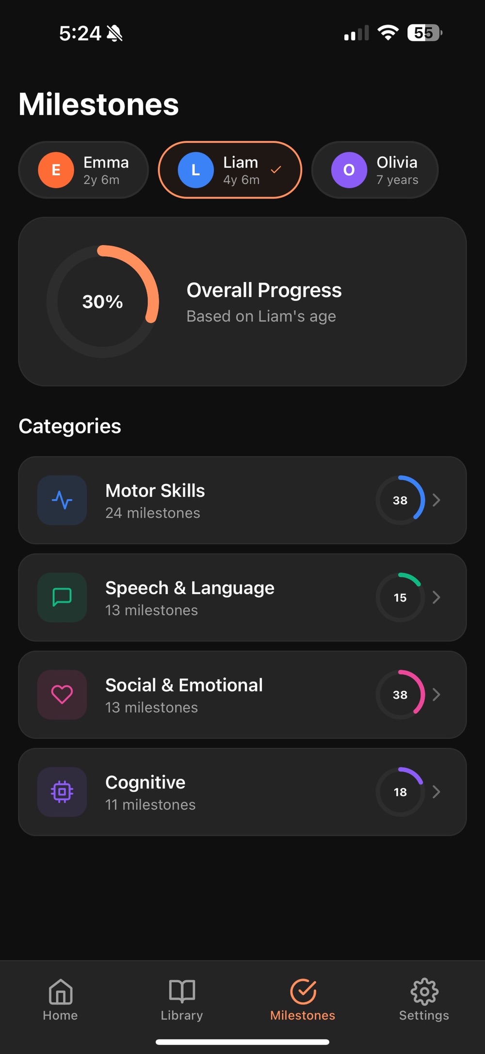 Milestones tab for the child Liam, showing a 30 percent overall progress ring based on his age and category rows for motor skills with 24 milestones, speech and language with 13, social and emotional with 13, and cognitive with 11.