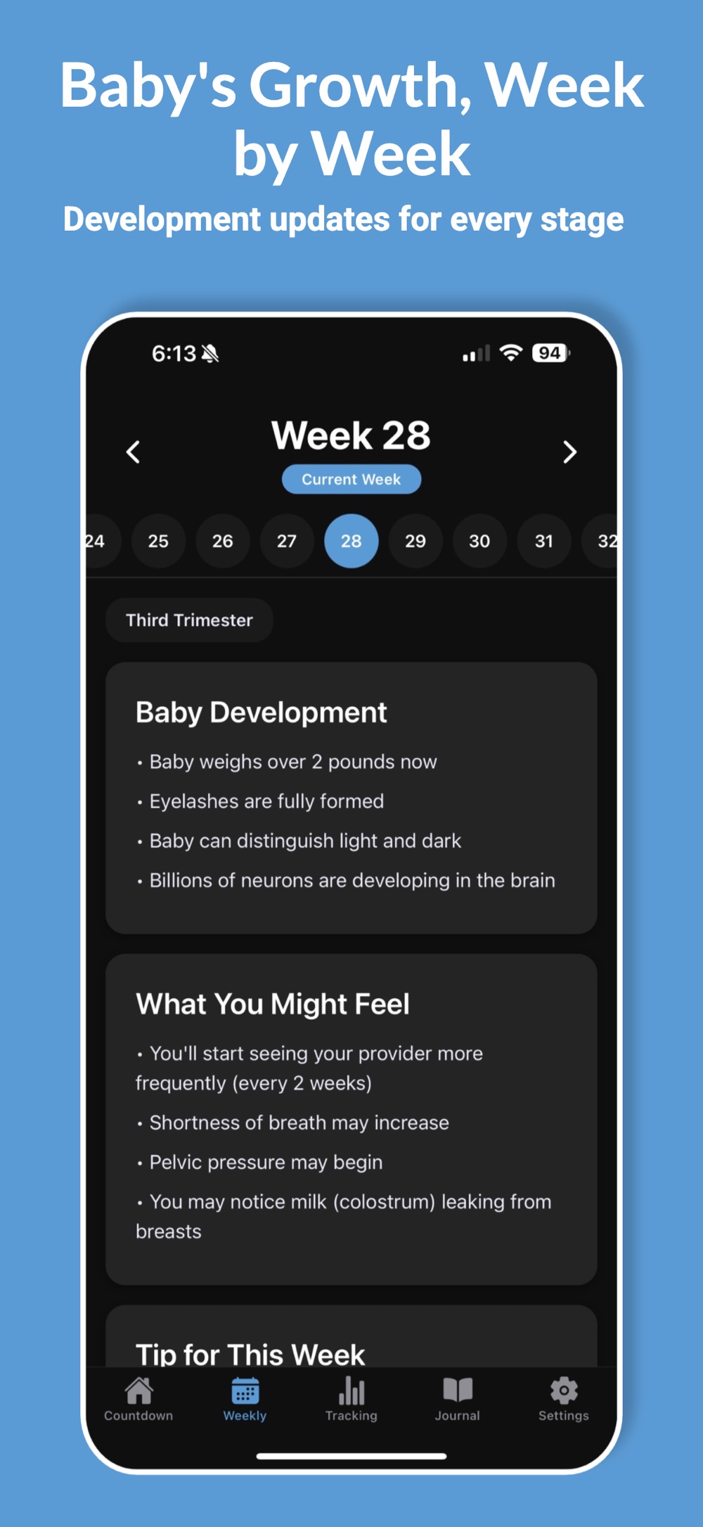 Week 28 development screen with a scrollable week picker, a third trimester tag, a Baby Development card noting the baby weighs over two pounds and eyelashes are fully formed, and a What You Might Feel card listing more frequent provider visits and shortness of breath.