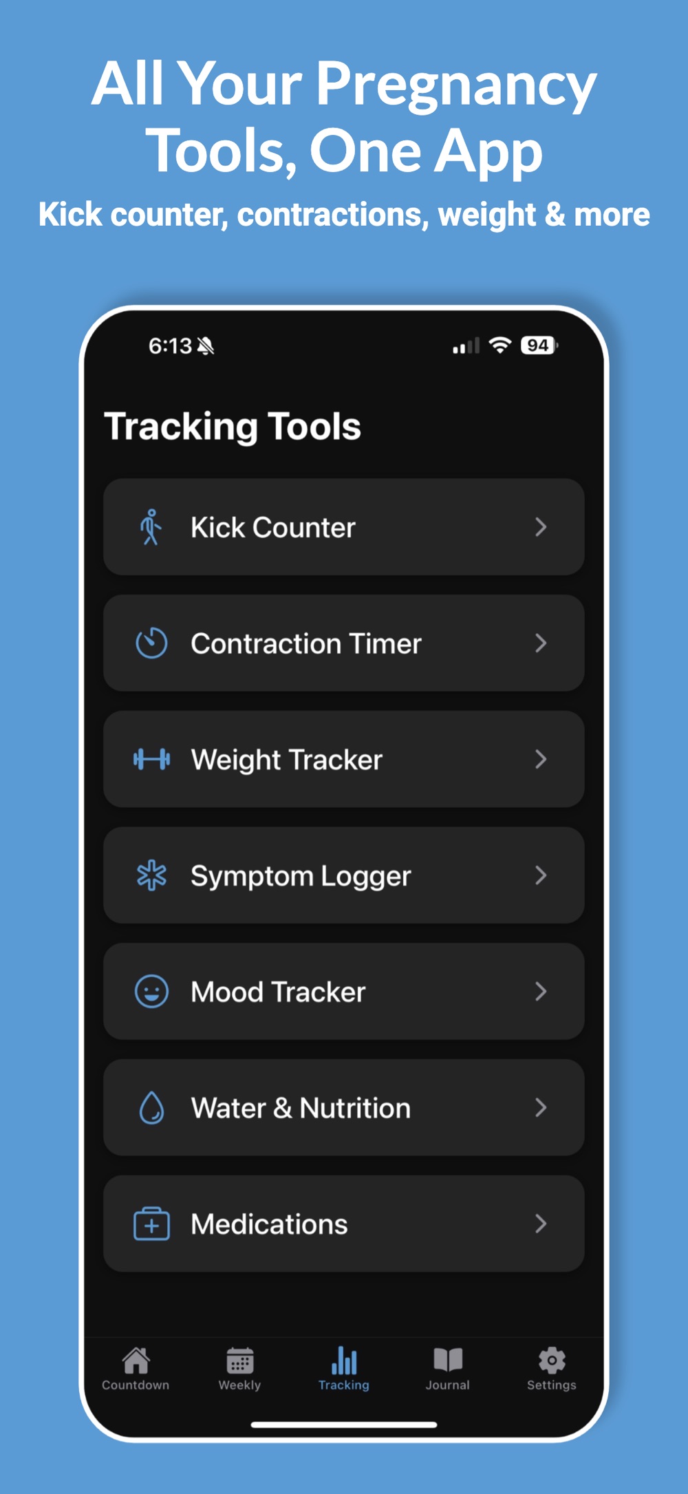 Tracking Tools list with rows for kick counter, contraction timer, weight tracker, symptom logger, mood tracker, water and nutrition, and medications.