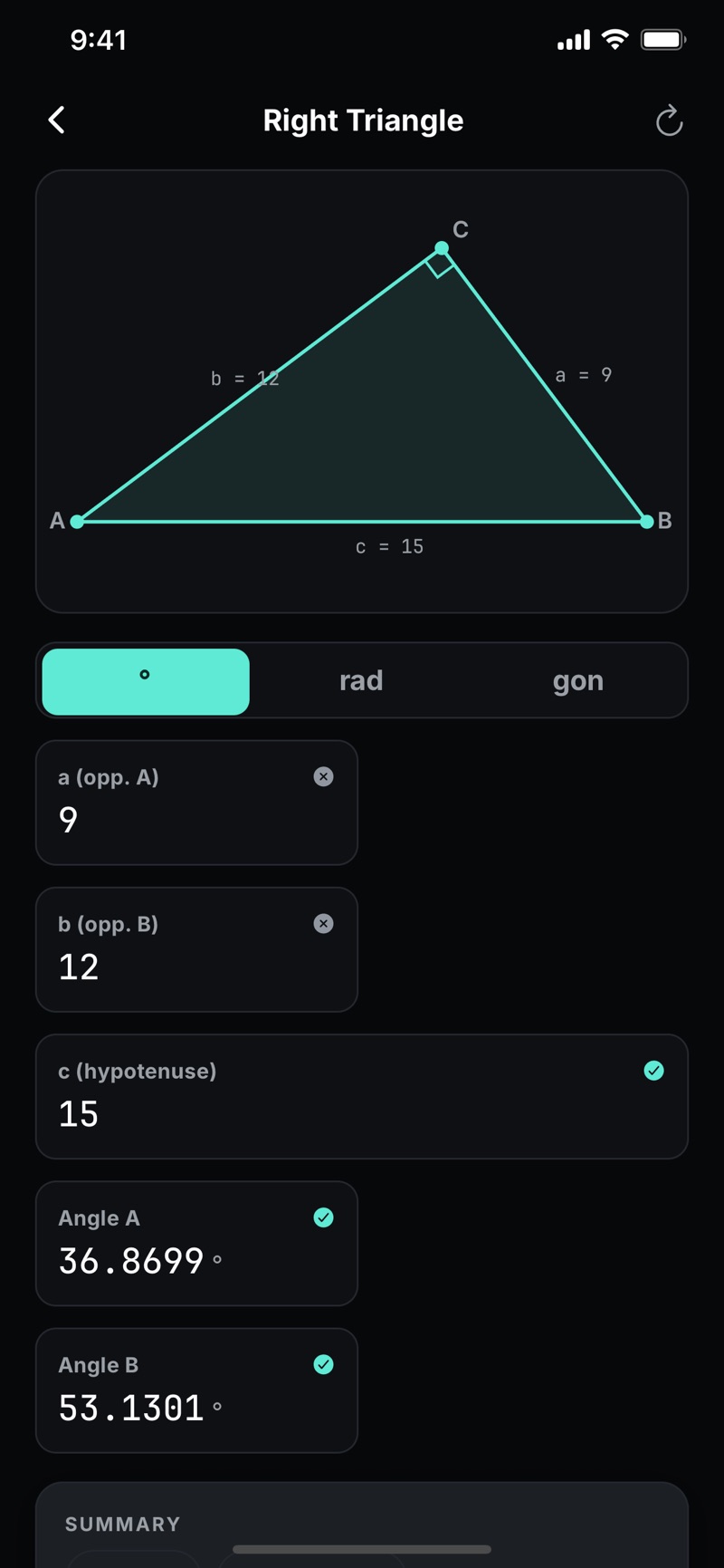 Trigonify's right triangle solver: a labelled triangle with legs a = 9 and b = 12 and hypotenuse c = 15 drawn at the top, a degrees / radians / gradians switch, and the solved values below — c = 15, angle A = 36.8699°, angle B = 53.1301° — each ticked as computed, with a summary panel underneath.
