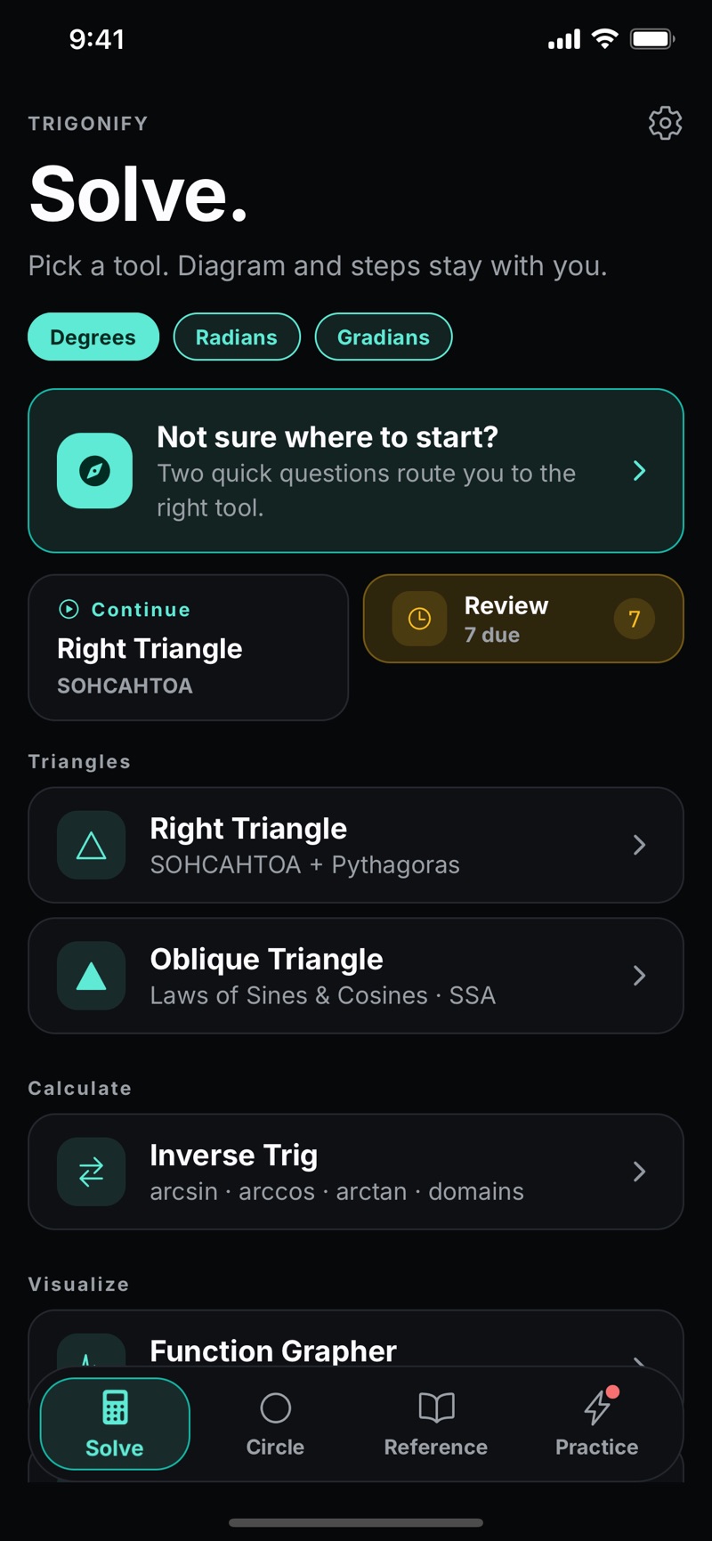Trigonify's Solve home screen listing its tools — Right Triangle (SOHCAHTOA and Pythagoras), Oblique Triangle (laws of sines and cosines, SSA), Inverse Trig, and Function Grapher — above a degrees/radians/gradians switch and a bottom bar for Solve, Circle, Reference, and Practice.