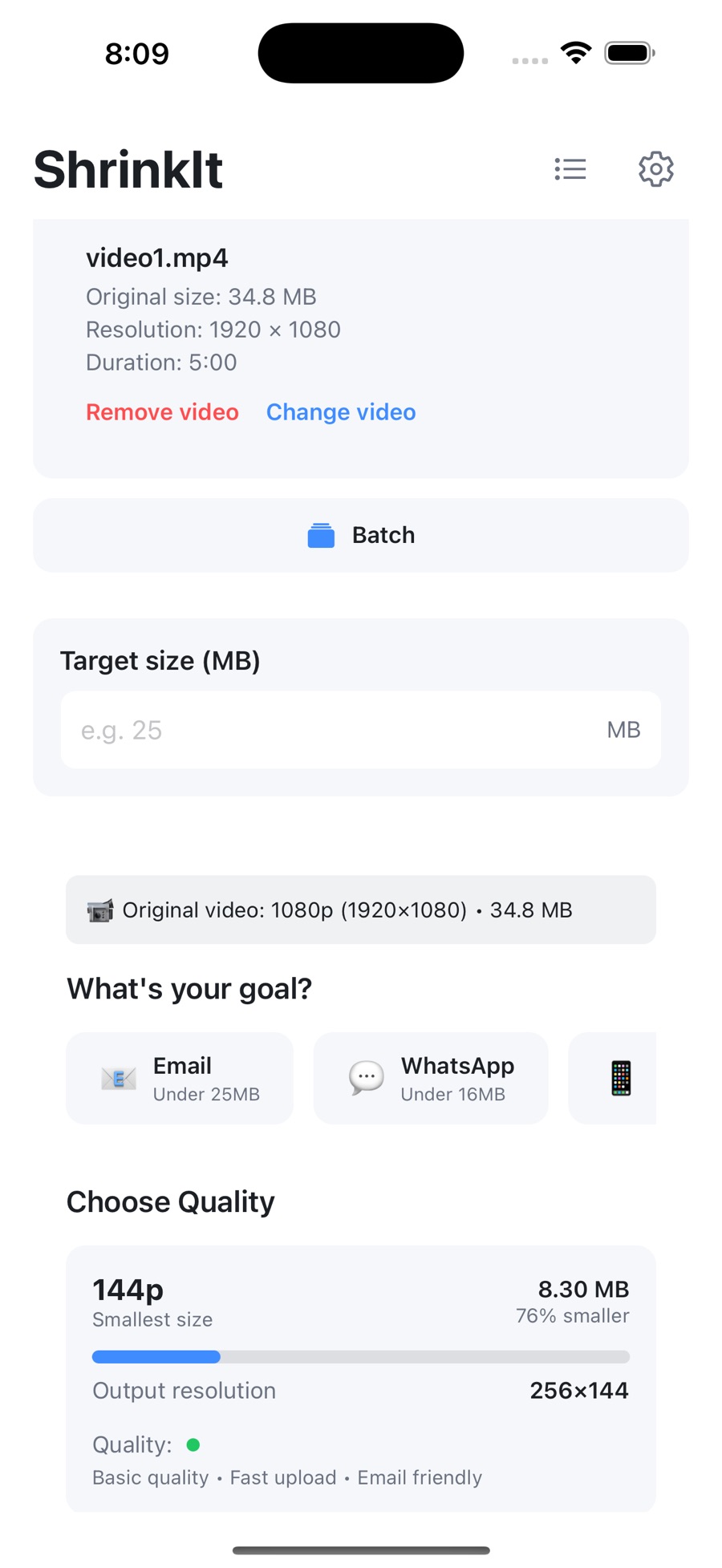 ShrinkIt on iPhone with video1.mp4 loaded — 34.8 MB, 1920 by 1080, five minutes long — showing a target size field in MB, goal buttons for Email under 25 MB and WhatsApp under 16 MB, and a quality list starting at 144p, estimated at 8.30 MB and 76% smaller.