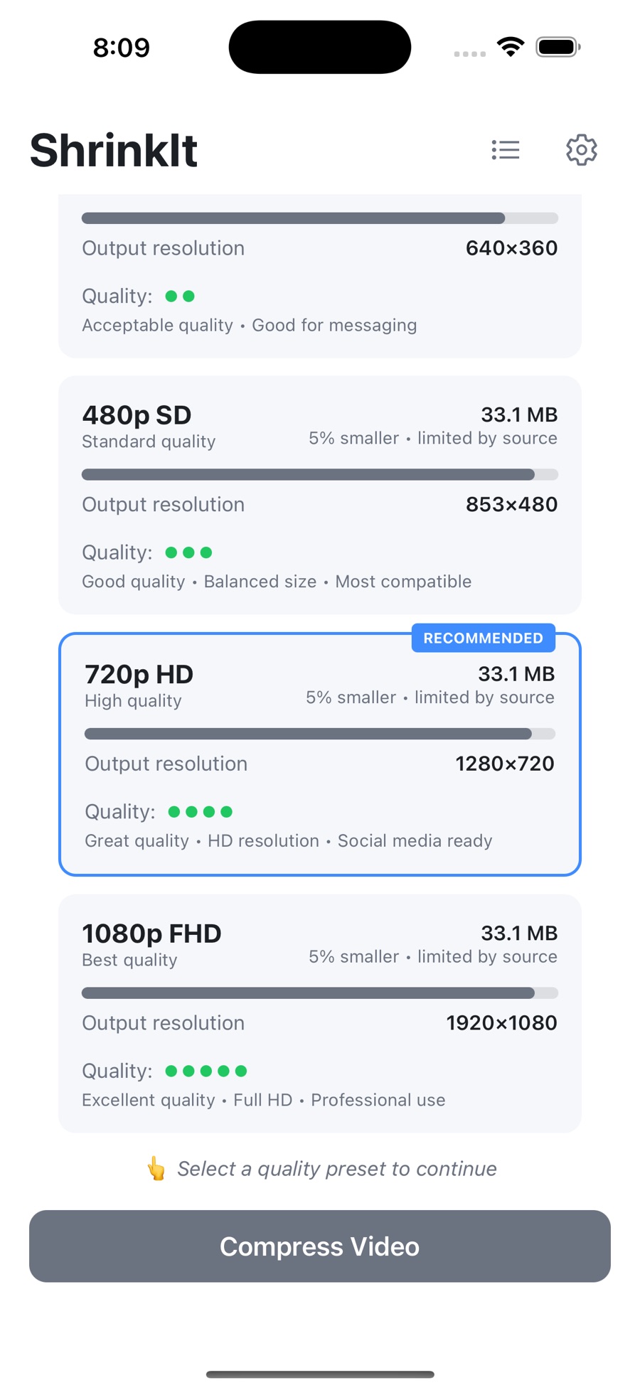 The quality preset list in ShrinkIt showing 480p SD, 720p HD marked Recommended, and 1080p FHD, each with its output resolution, estimated size and quality rating, above a Compress Video button.